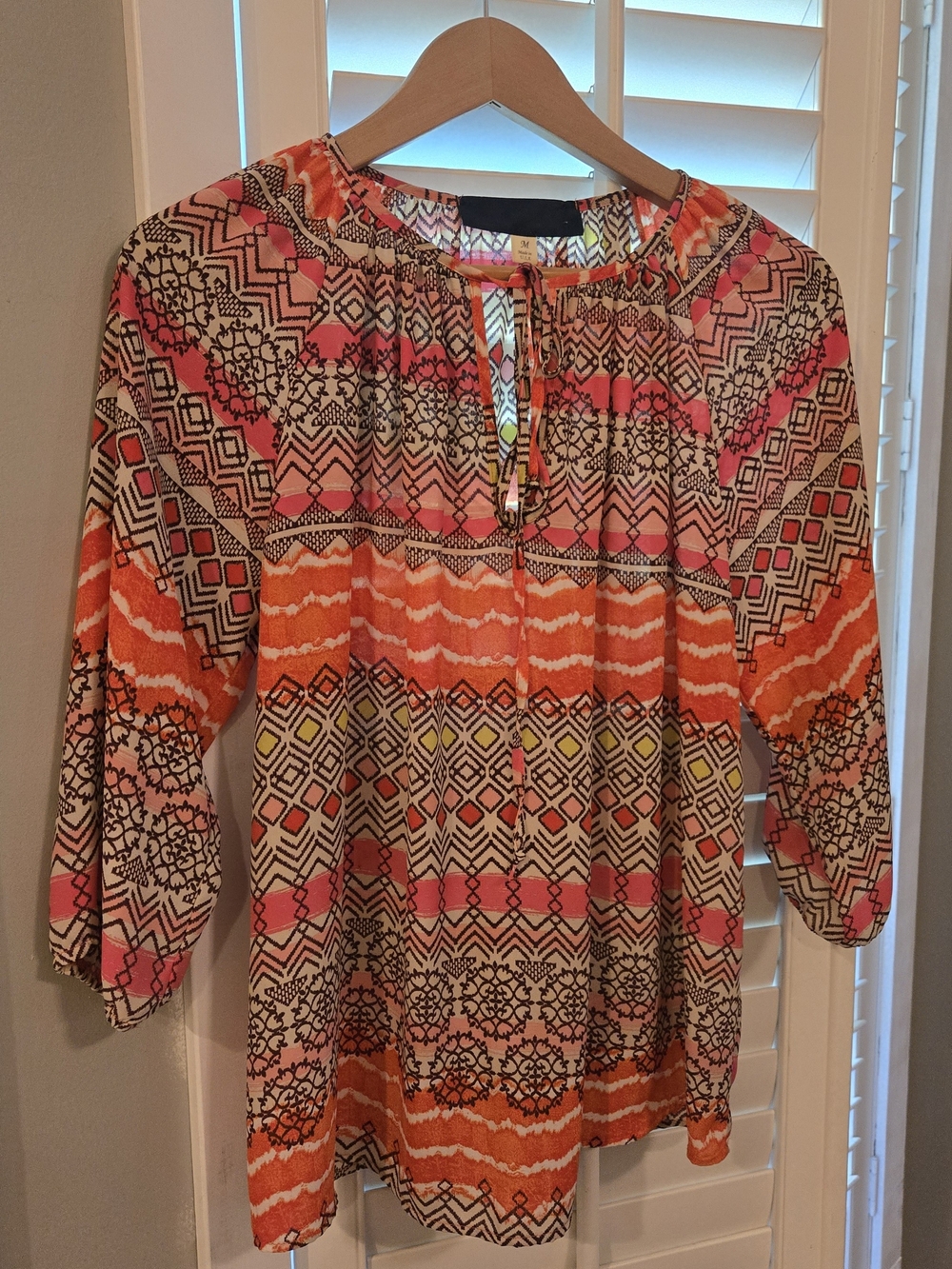 Women's Orange and Pink Printed Peasant Top